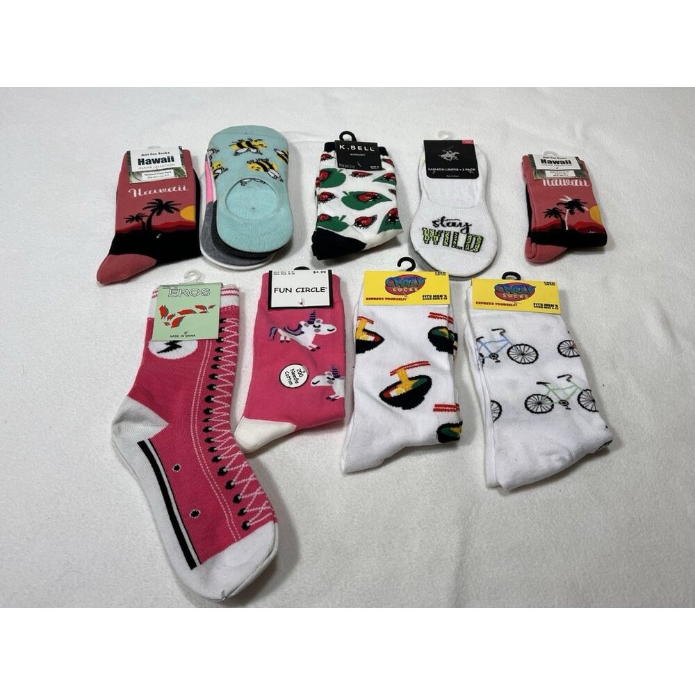 Lot of 12 New Novelty Crew Socks  Fun Prints Sushi Bike Hawaii Unicorn Converse